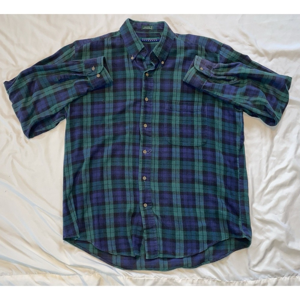 VTG Claybrooke Outdoors Flannel Shirt Mens L Blue Green Plaid Button Down Soft